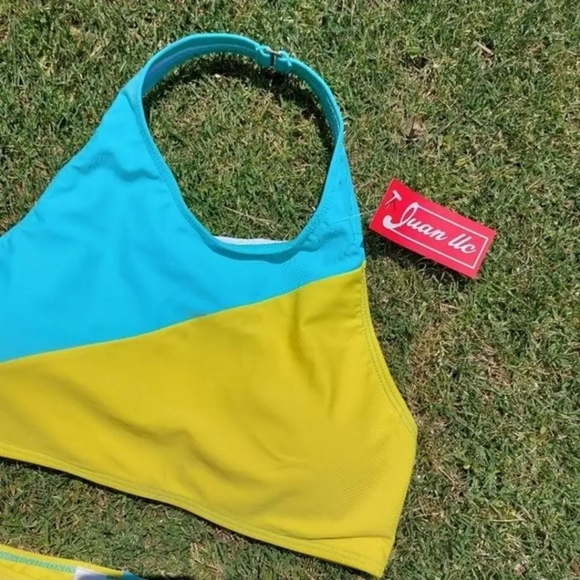 Juan Uc Womens Neon Bright Teal & Green Halter Two Piece - Picture 3 of 7